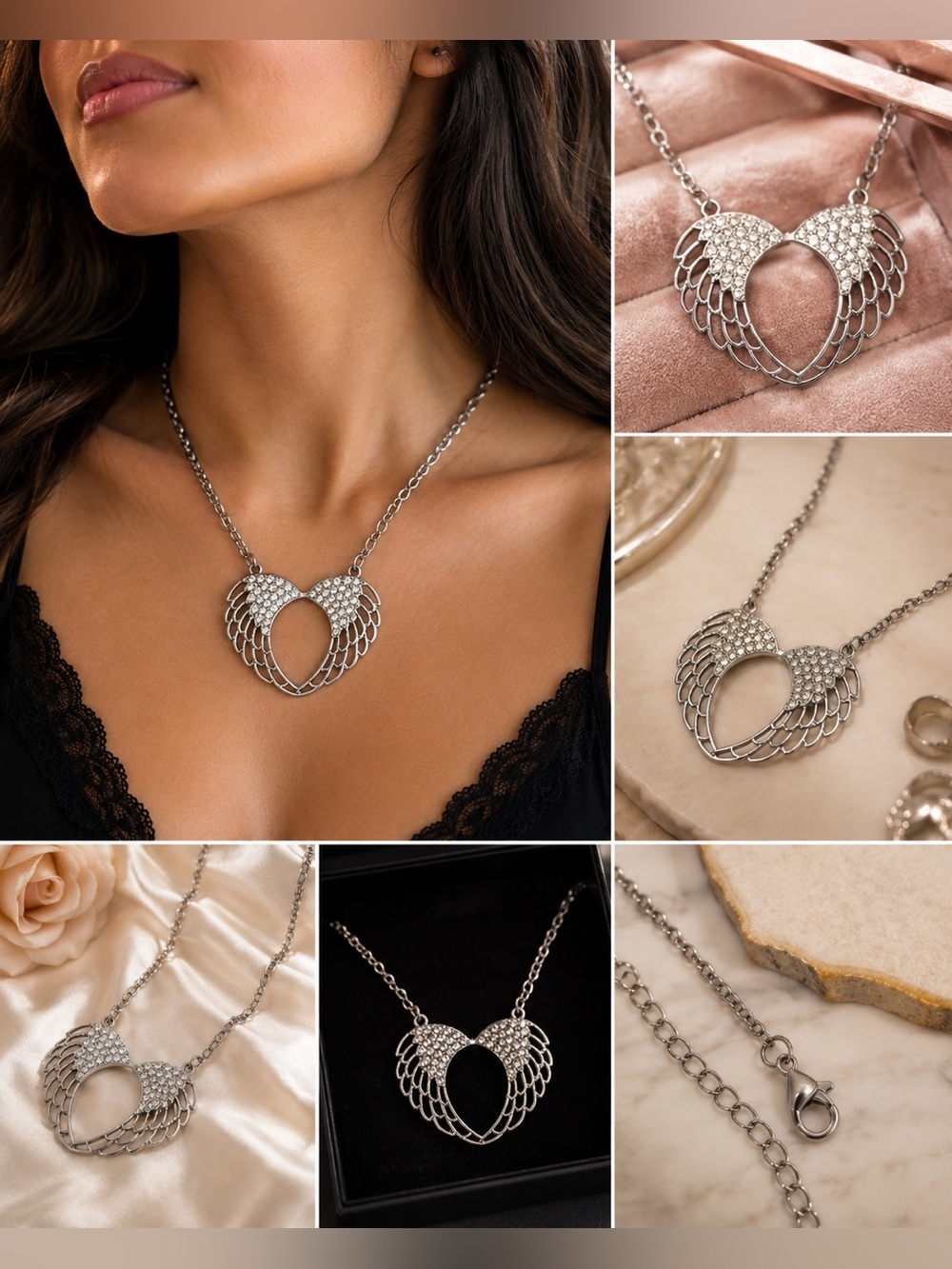 Silver Angel Wing Heart Necklace Rhinestone Statement Pendant 22” Chain